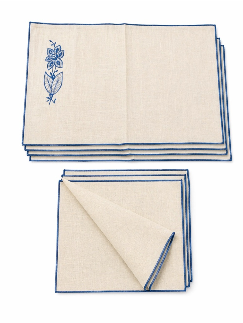 Handmade Linen – 4 Napkins + 4 Placemats, Blue Trim & Embroidery